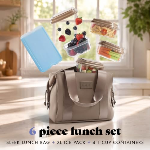 Neoprene Lunch Bag for Women with Ice Pack & Containers - Taupe