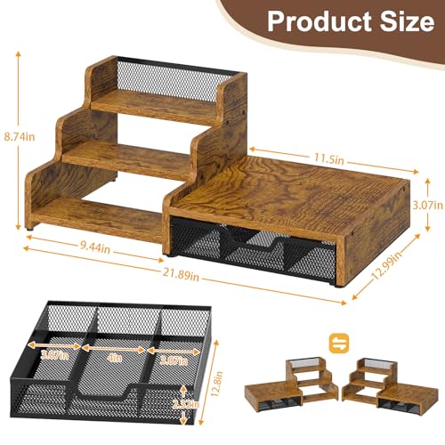 Coffee Station Organizer with K Cup Holder - Rustic Brown, 28 Pod Capacity, 3-Tier Syrup Rack