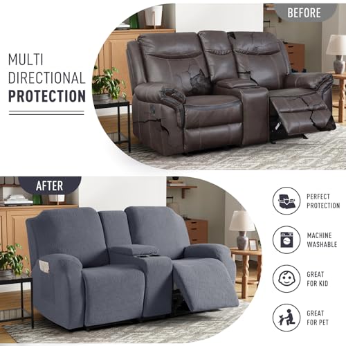 Loveseat Recliner Cover with Console - Dark Gray, 2 Seater Slipcover with Pockets