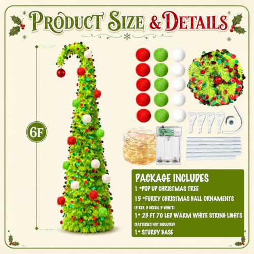 PUETUNG 6FT Green Whimsical Curved Pop-Up Christmas Tree with Lights & Ornaments