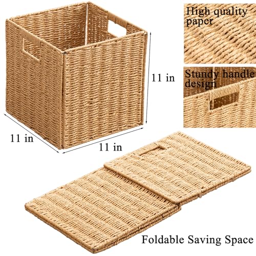 Set of 4 Foldable Storage Baskets with Handles - 11 x 11 x 11 Inches Natural Paper Rope Woven Cubes