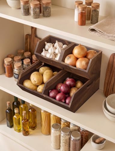 Walnut Color Stackable Acacia Wood Potato & Onion Storage Bin Set - Medium