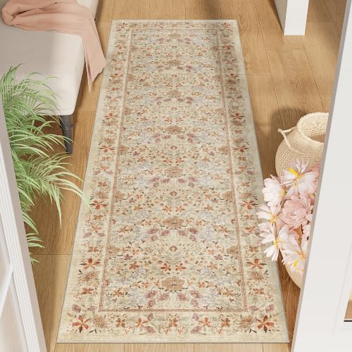 2x6 Runner Rug, Washable Vintage Floral Kitchen Beige
