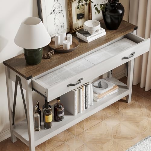 ChooChoo 47 Inch Farmhouse Console Table with Drawer & Storage Shelf - White & Brown