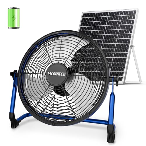 Blue 14-Inch Solar Powered Fan with Metal Blades & Quiet Brushless Motor - Rechargeable Battery, Portable for Home, RV, Camping, Greenhouse