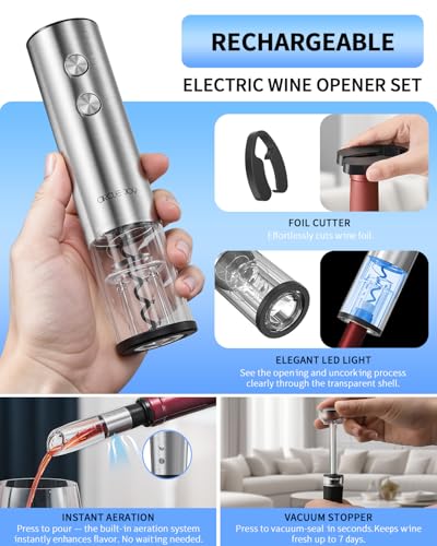 7-in-1 Rechargeable Electric Wine Opener Set - Silver, Stainless Steel