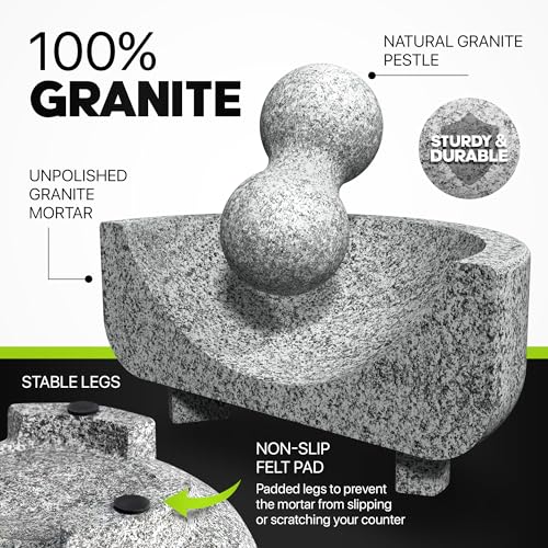 UMIEN 8-Inch Granite Mortar and Pestle Set - 3.5-Cup Capacity, Grey, Molcajete