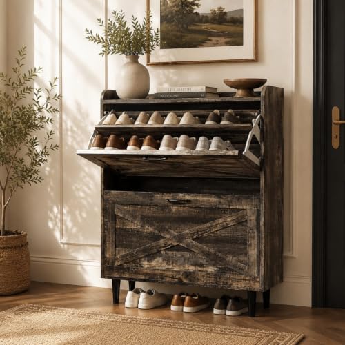 VINGLI Farmhouse Dark Rustic Oak Shoe Storage Cabinet with 2 Flip Drawers, Slim Entryway Organizer