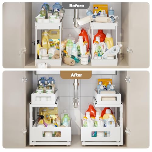 Corbyles 2 Pack Under Sink Organizer White 15.74"D x 14.4-16.4"H Adjustable 2-Tier Pull-Out Cabinet Storage