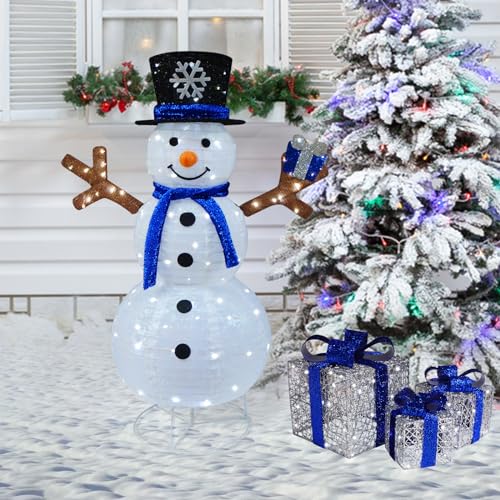 Meetjoyancy Blue White Lighted Snowman Outdoor Christmas Decor Collapsible Yard Inflatable with Gift Box