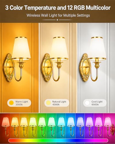 Battery Operated Wall Sconce - 12 RGB Colors & Dimmable, Gold - Wireless