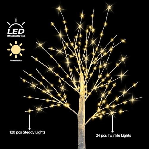 FastDeng 24 Inch Birch Tree with 144 LED Lights - Twinkling Indoor Christmas Decor - 2 Pack, USB/Battery Powered, Timer, Warm White
