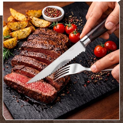 12-Piece Steak Knife Set with Pakkawood Handles - Sharp Serrated Blades, Gift Box
