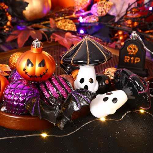 Alupssuc 70pcs Clearance Halloween Tree Ornaments Set,Multiple Patterns Shatterproof Plastic Hanging Balls Decorations with Rope for Indoor Outdoor Halloween Party,Black & Orange & Purple