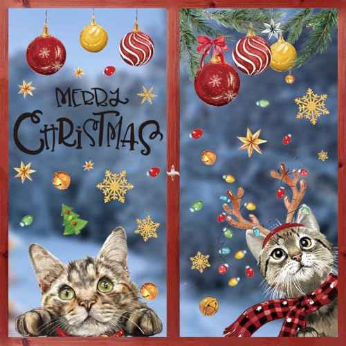Horaldaily 100 PCS Christmas Window Cling Sticker, Xmas Bell Ball Ornaments Cat Snow for Home Party Supplies Shop Window Glass Display Decoration