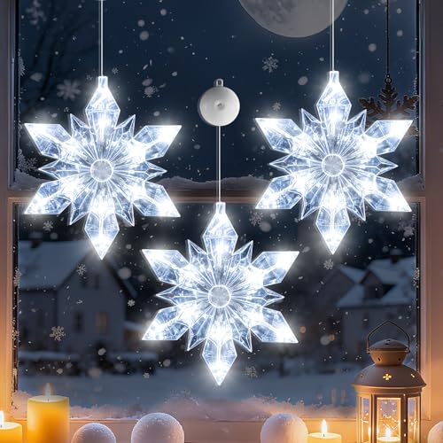 3Pack Christmas Window Lights Decorations with Timer,Battery Powered Christmas Hanging White Lighted Snowflake Shaped LED Sucker for 2026 Xmas Tree Fireplace Indoor Decor