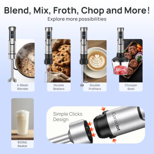 Consciot 5-in-1 Handheld Immersion Blender Max 1100W Black, 21-Speed & Turbo