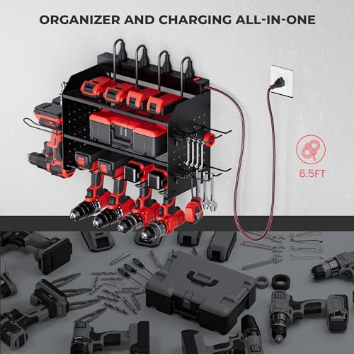 3-Layer Power Tool Wall Mount Organizer with Charging Station - Black