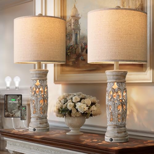 27.25” Farmhouse Table Lamps Set of 2 with Night Light, Distressed Light Wood Finish