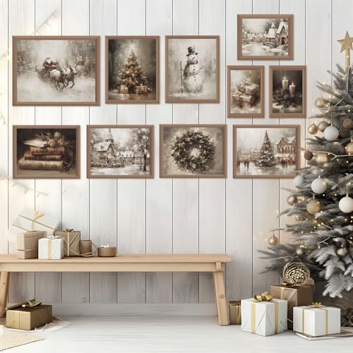 Whaline 10-Piece Christmas Wall Art Prints Set – Vintage Rustic Snowman Santa Trees Posters