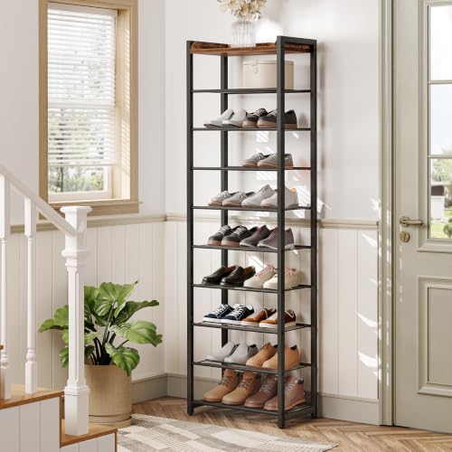 10 Tier Shoe Rack - Large Capacity Metal Shoe Organizer for Closet & Entryway - Rustic Brown 20.5"L x 11.8"W x 67.7"H