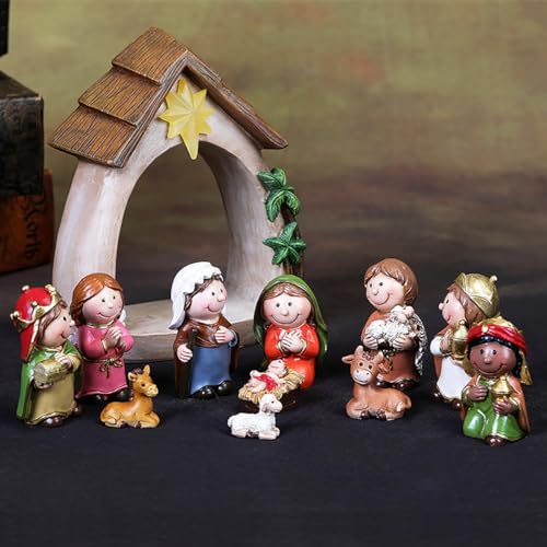 MACLARONX 12-Piece Small Christmas Nativity Scene with LED Lights - Resin Tabletop Decor