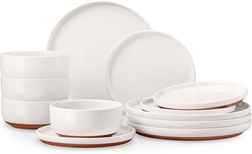 E-far 12-Piece Stoneware Dinnerware Set - Chip & Scratch Resistant, Microwave & Dishwasher Safe, Speckled White