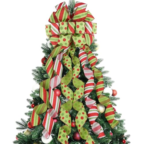 HOHOTIME Christmas Tree Topper Bow Large Green Bow Tree Topper, Polyester with Red and Green Dots and Stripes for Xmas Home Wedding Thanksgiving Indoor Outdoor Decoration 52 "x13.7