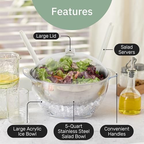 Useful Co. 5 Quart Chilled Salad Serving Bowl with Ice Chiller & Lid