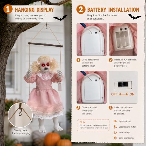 Pink Halloween Animatronic Hanging Girl Doll with Lighted Eyes & Creepy Sounds - Outdoor Indoor Decor