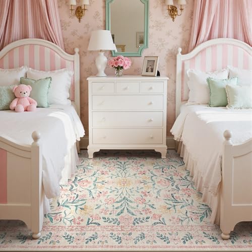 5' x 7' Pink Nursery Rug for Girls Bedroom - Washable Boho Floral Non-Slip Floor Carpet