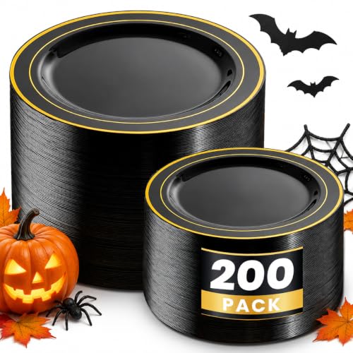 Black & Gold 200PCS Heavy Duty Plastic Plates - Disposable for Wedding, Party, Halloween (Black & Gold, 100 Dinner + 100 Dessert Plates) - WDF