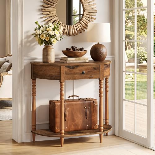 Hoctieon Half Moon Console Table with Drawer - Rustic Brown Entryway Table