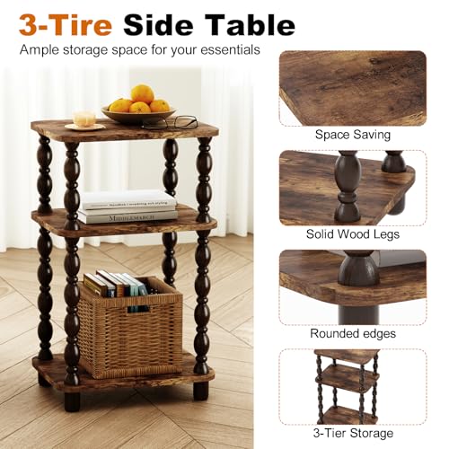 Retro End Table with 3 Tiers - Rustic Brown Narrow Side Table for Small Spaces - Farmhouse & Modern Accent Nightstand - Fxacyem Variation of Standard