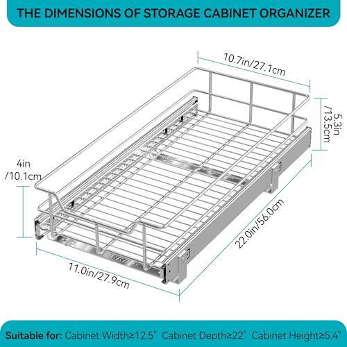 Pull Out Cabinet Organizer 11x22 Inches Chrome-Plated Full Slide Drawers - 1 Tier