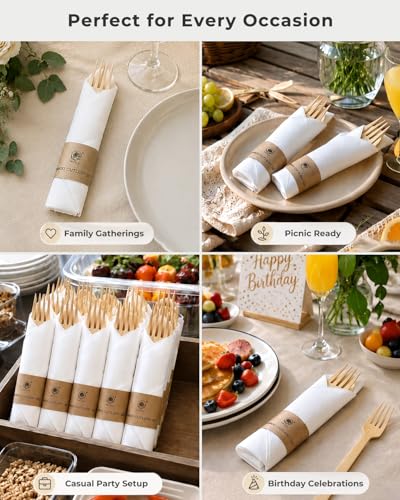 Pre Rolled Bamboo Cutlery Set with Napkins - 100 Pack Eco-Friendly Disposable Utensils