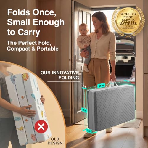 Grey Bi-Fold Memory Foam Pack and Play Mattress Pad 38x26x3 for Baby Cribs