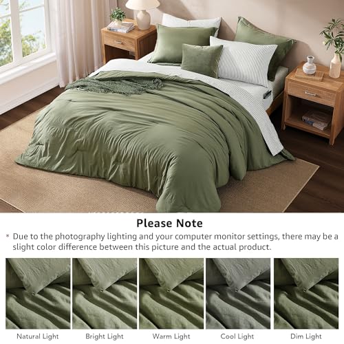 Monbix Olive Queen Comforter Set – 7 Pieces Bed in a Bag, All Season Cozy Bedding