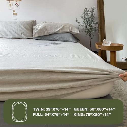 Simple&Opulence Queen Linen Fitted Sheet 14 Inch Deep Pocket Natural Flax Bed Cover