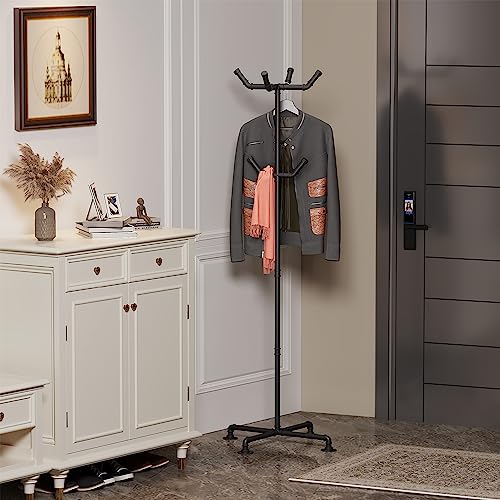 Black Industrial Coat Rack with 6 Hooks - Freestanding Metal Pipe Stand