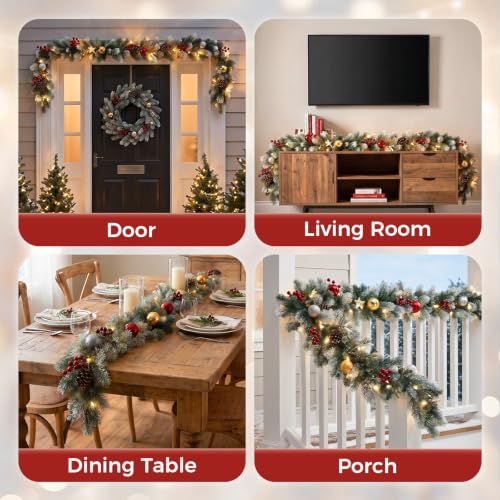 6FT Artificial Christmas Garland with Lights - Pack of 2 Frosted Green Pine Decor