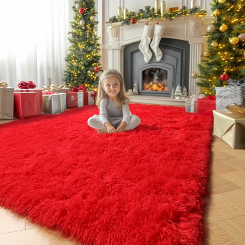 Amdrebio Red Christmas Fluffy Area Rug 6x9 ft for Living Room & Bedroom