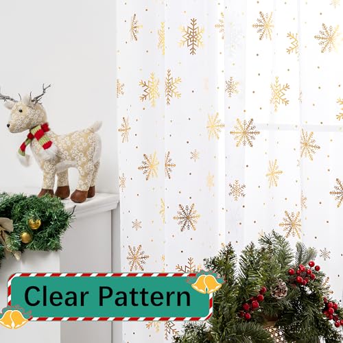 Karseteli 52W x 84L Snowflake Gold Foil Christmas Sheer Curtains, 2 Panels White