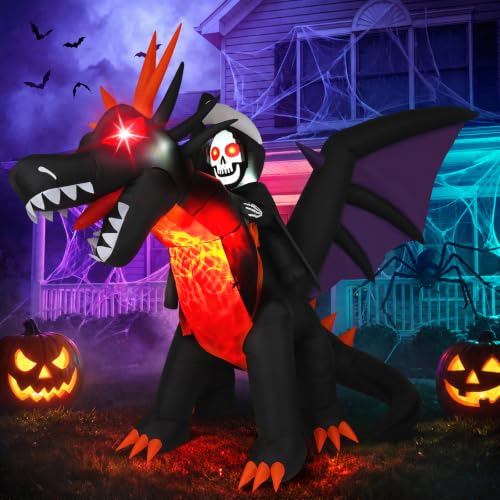11.5FT Animated Grim Reaper & Dragon Halloween Inflatable - Moving Head, Glowing Eyes