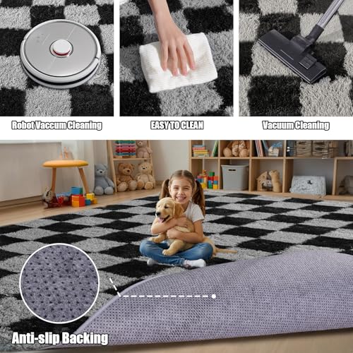 Rezutan Black Grey Checkered 8x10 Feet Soft Plush Shag Rug for Bedroom & Living Room
