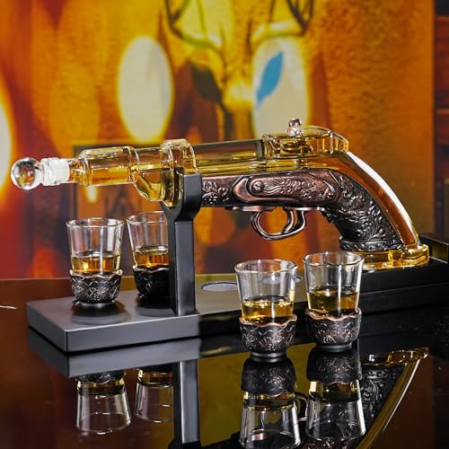VYLPM Gun Whiskey Decanter Set with 4 Shot Glasses - Unique Home Bar Gift