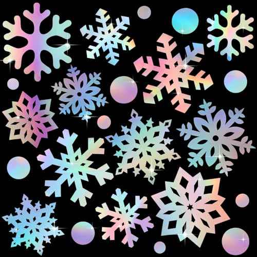 Fuutreo 60 Pcs Christmas Snowflake Snowball Cutouts Iridescent Paper Snowflakes Decorations Holographic Winter Decorations Double-Sided Snow Flakes Garland with 100 Glue Points