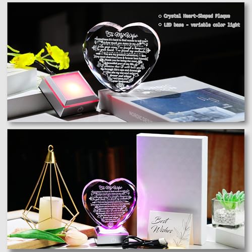 Gifts for Wife from Husband - Crystal Heart with Multicolor Base (Ornalrist) - Keepsake Night Light