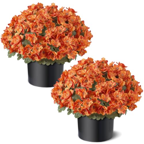 Artificial Fall Azalea Topiary Trees - 2 Pack, Orange, 16.5 Inch Outdoor Decor