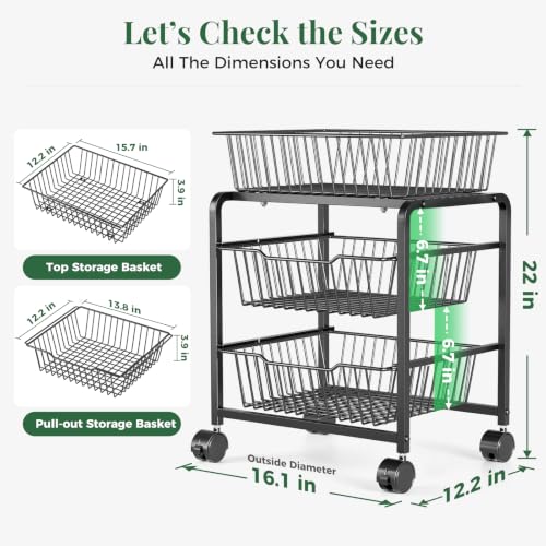 3-Tier Pull-Out Rolling Pantry Organizer with Wheels - Fits Under 25-Inch Shelves, Heavy Duty Metal Storage Cart - Variation 2